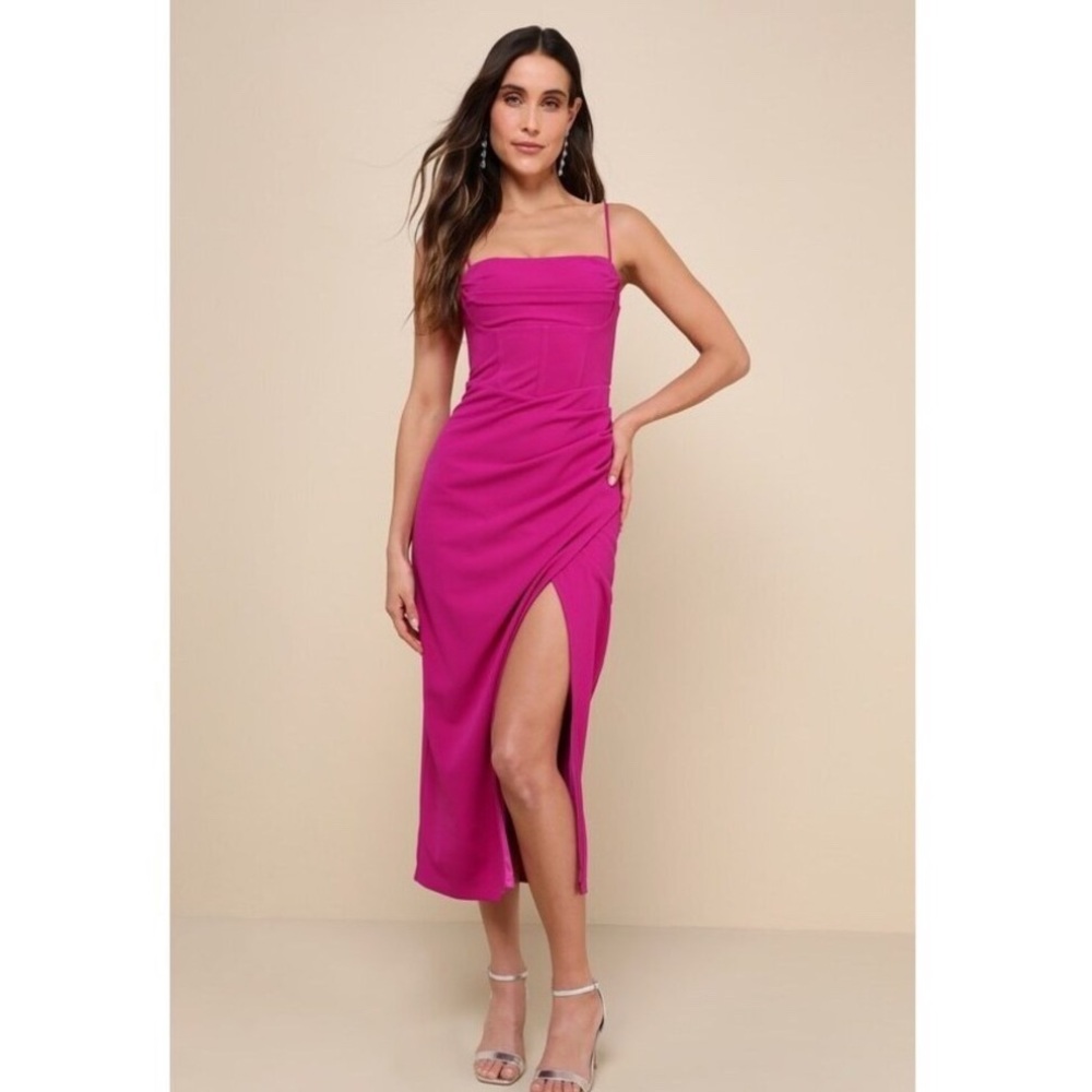 Lulus Always Turning Heads Magenta Bustier Tulip Midi Dress Pink - Size M
